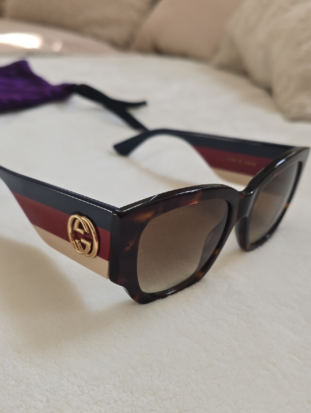 Gucci Tortoiseshell Sunglasses with Red and Beige Stripe and Gold GG